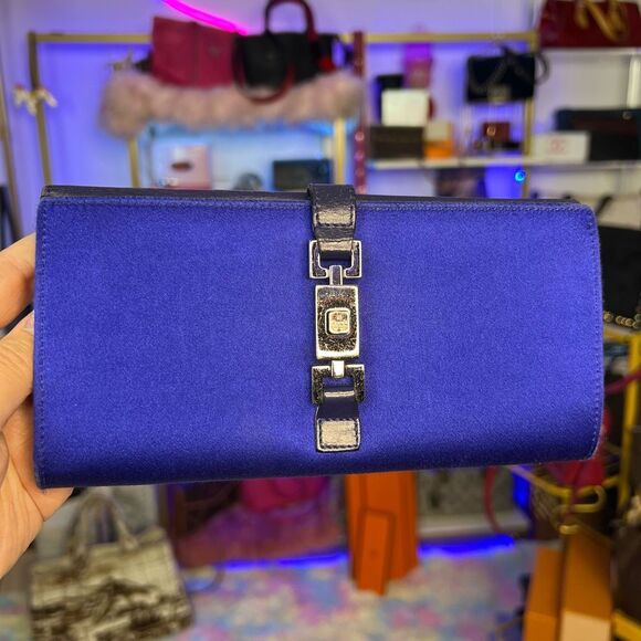 Gucci Jackie Blue Satin & Leather Large Wallet - Picture 1 of 15